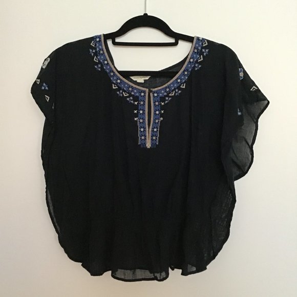 American Eagle Black Cotton Light Flowy Top with Embroidery - Picture 3 of 9